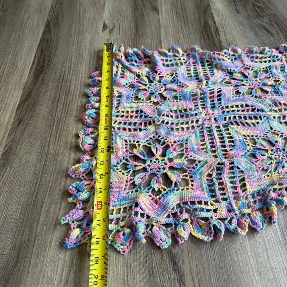 Handmade Crochet Table Runner Variegated Pastel Rainbow Cotton Doily 36x18 Boho